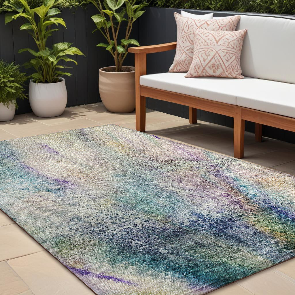 10 X 14 Beige Blue and Gray Abstract Washable Non Skid Indoor Outdoor Area Rug