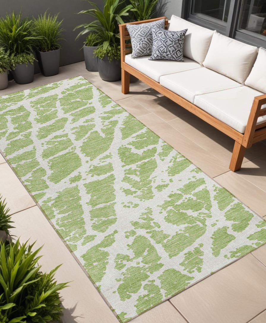 8 Runner Green and White Abstract Washable Non Skid Indoor Outdoor Runner Rug