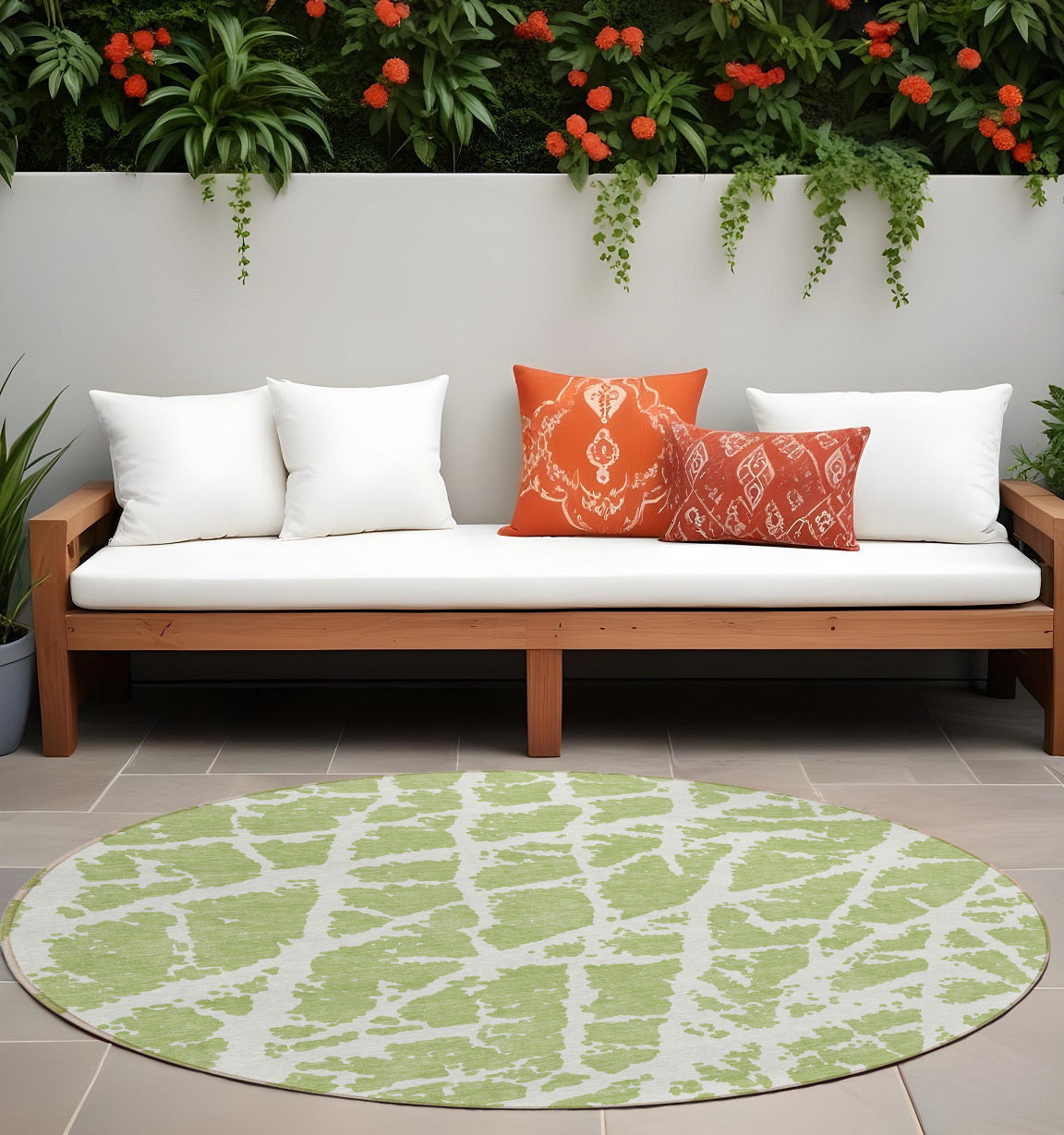8 Round Green and White Round Abstract Washable Non Skid Indoor Outdoor Area Rug