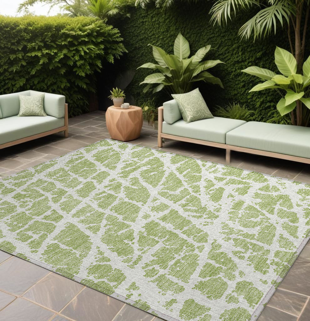 8 X 10 Green and White Abstract Washable Non Skid Indoor Outdoor Area Rug