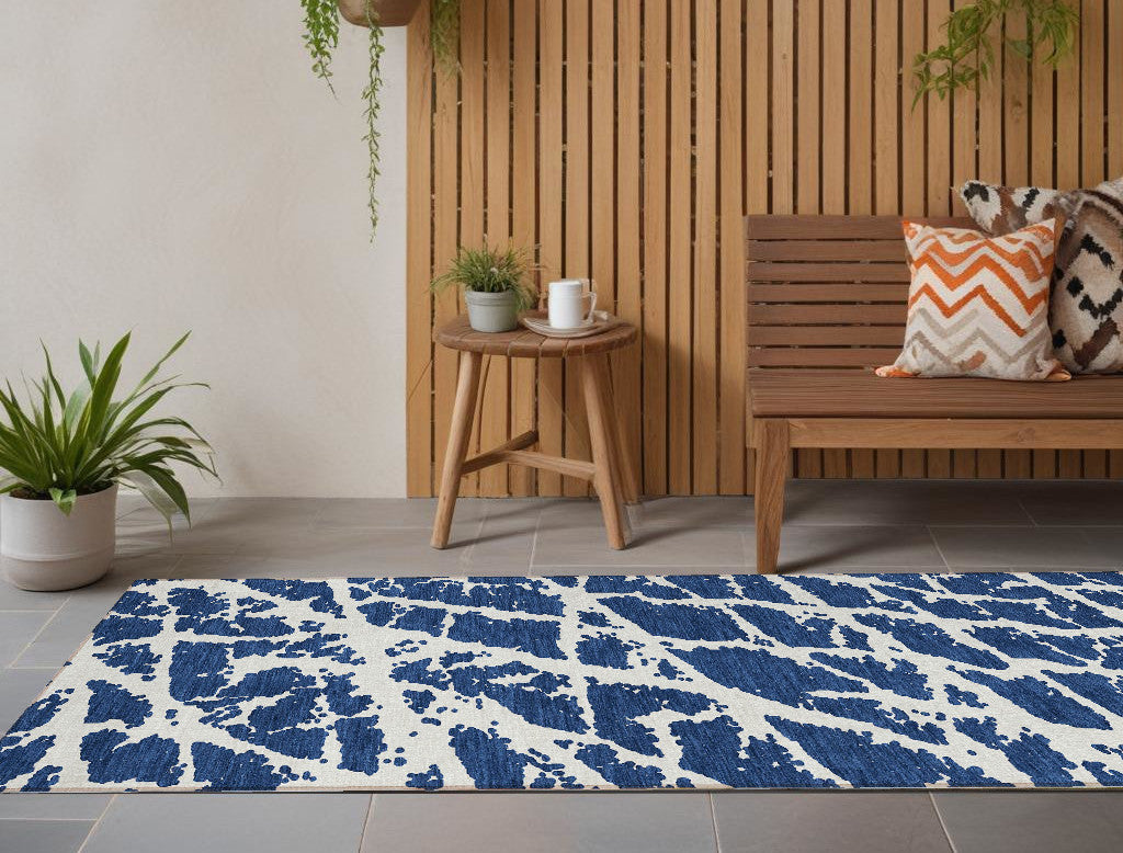 8 Runner Blue and White Abstract Washable Non Skid Indoor Outdoor Runner Rug