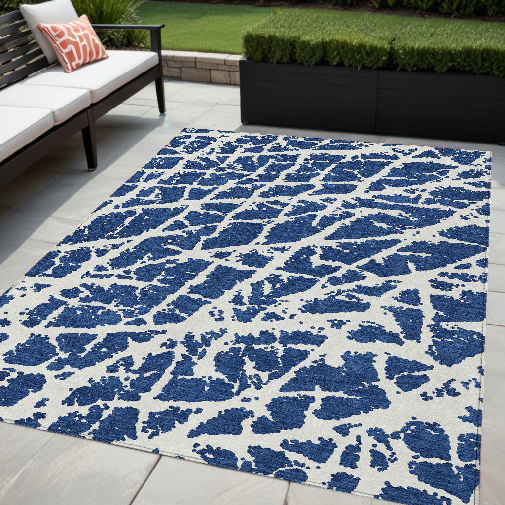 5 X 8 Blue and White Abstract Washable Non Skid Indoor Outdoor Area Rug