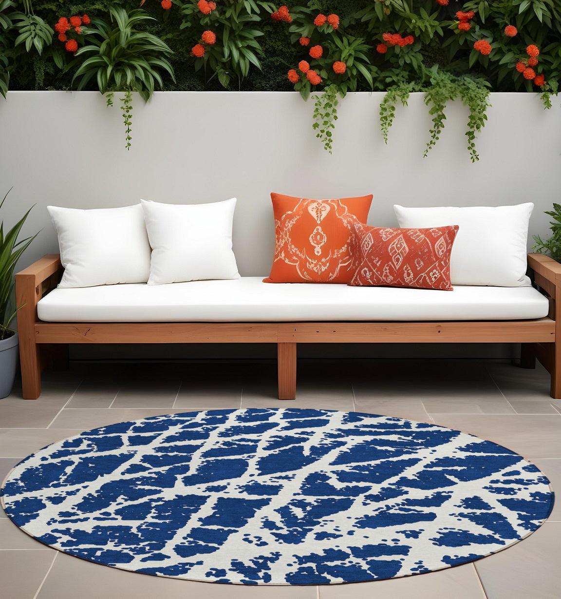 8 Round Blue and White Round Abstract Washable Non Skid Indoor Outdoor Area Rug