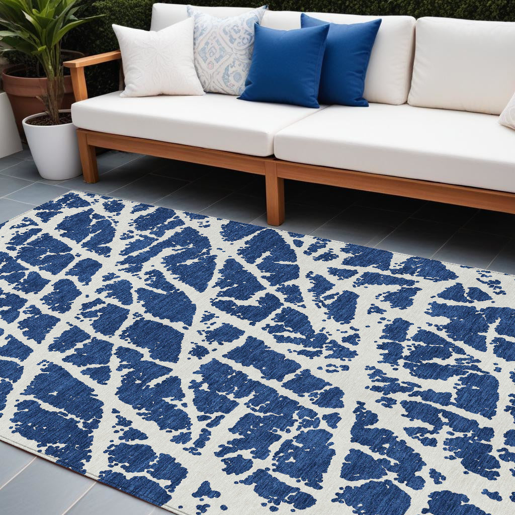 10 X 14 Blue and White Abstract Washable Non Skid Indoor Outdoor Area Rug