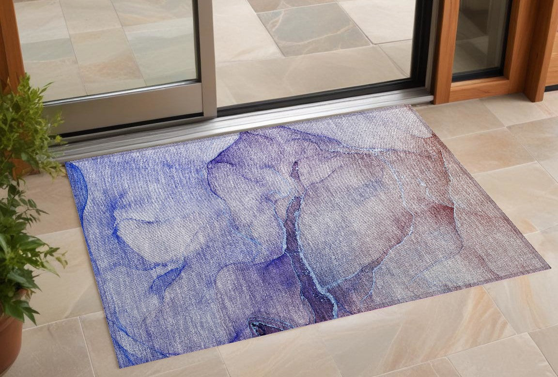 2 X 3 Blue and Brown Abstract Washable Non Skid Indoor Outdoor Area Rug