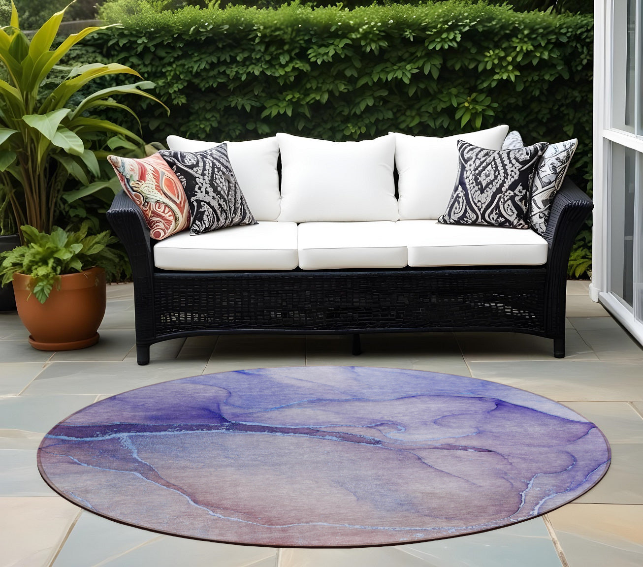 8 Round Blue and Brown Round Abstract Washable Non Skid Indoor Outdoor Area Rug