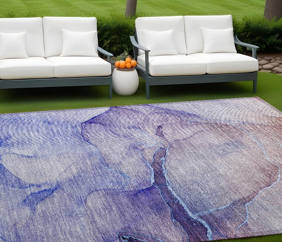 10 X 14 Blue and Brown Abstract Washable Non Skid Indoor Outdoor Area Rug