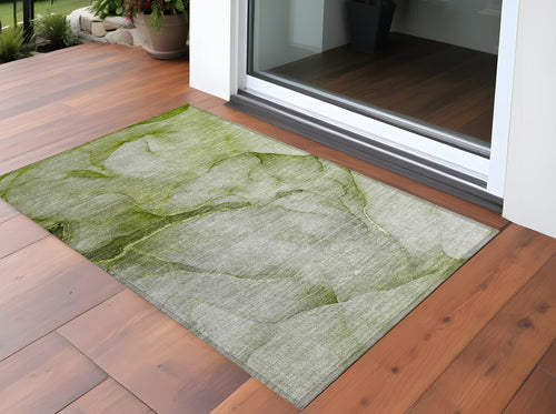 2 X 3 Olive Green Abstract Washable Non Skid Indoor Outdoor Area Rug