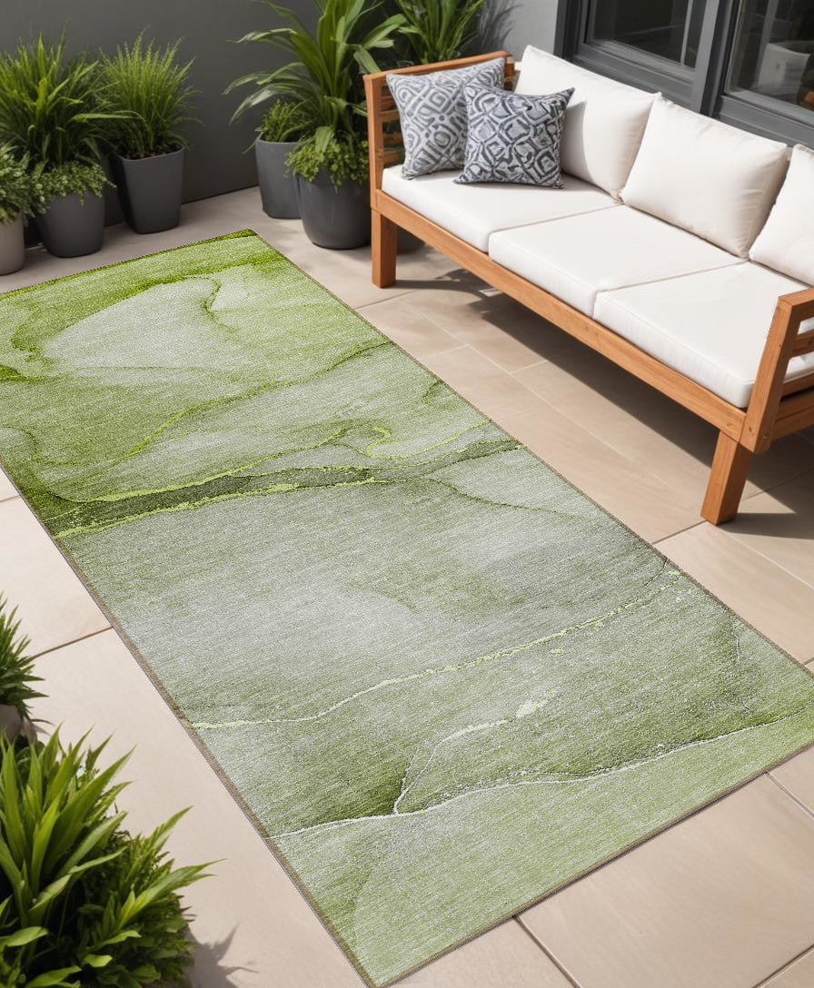 8 Runner Olive Green Abstract Washable Non Skid Indoor Outdoor Runner Rug
