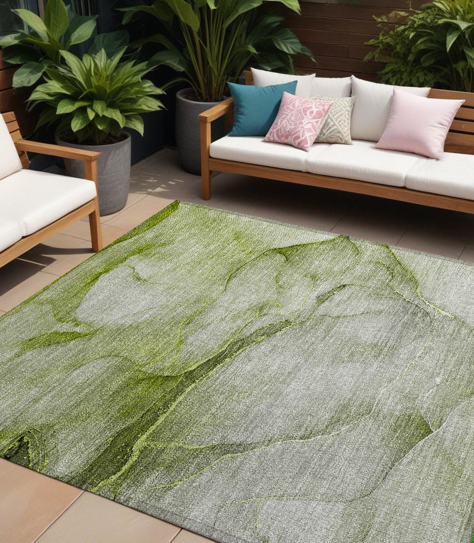 8 X 10 Olive Green Abstract Washable Non Skid Indoor Outdoor Area Rug