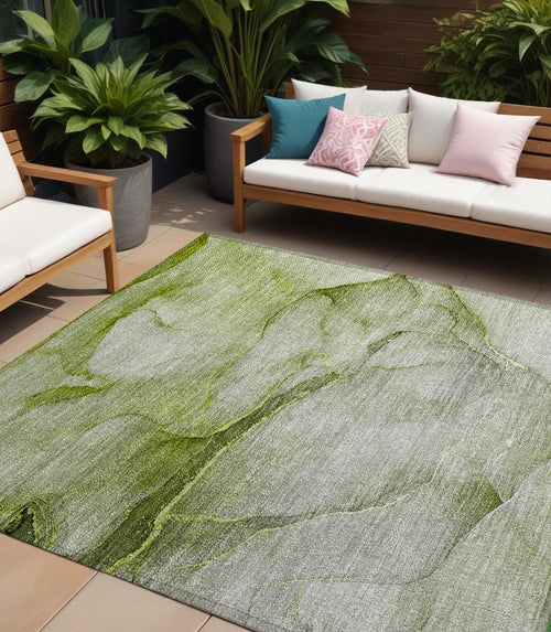 10 X 14 Olive Green Abstract Washable Non Skid Indoor Outdoor Area Rug