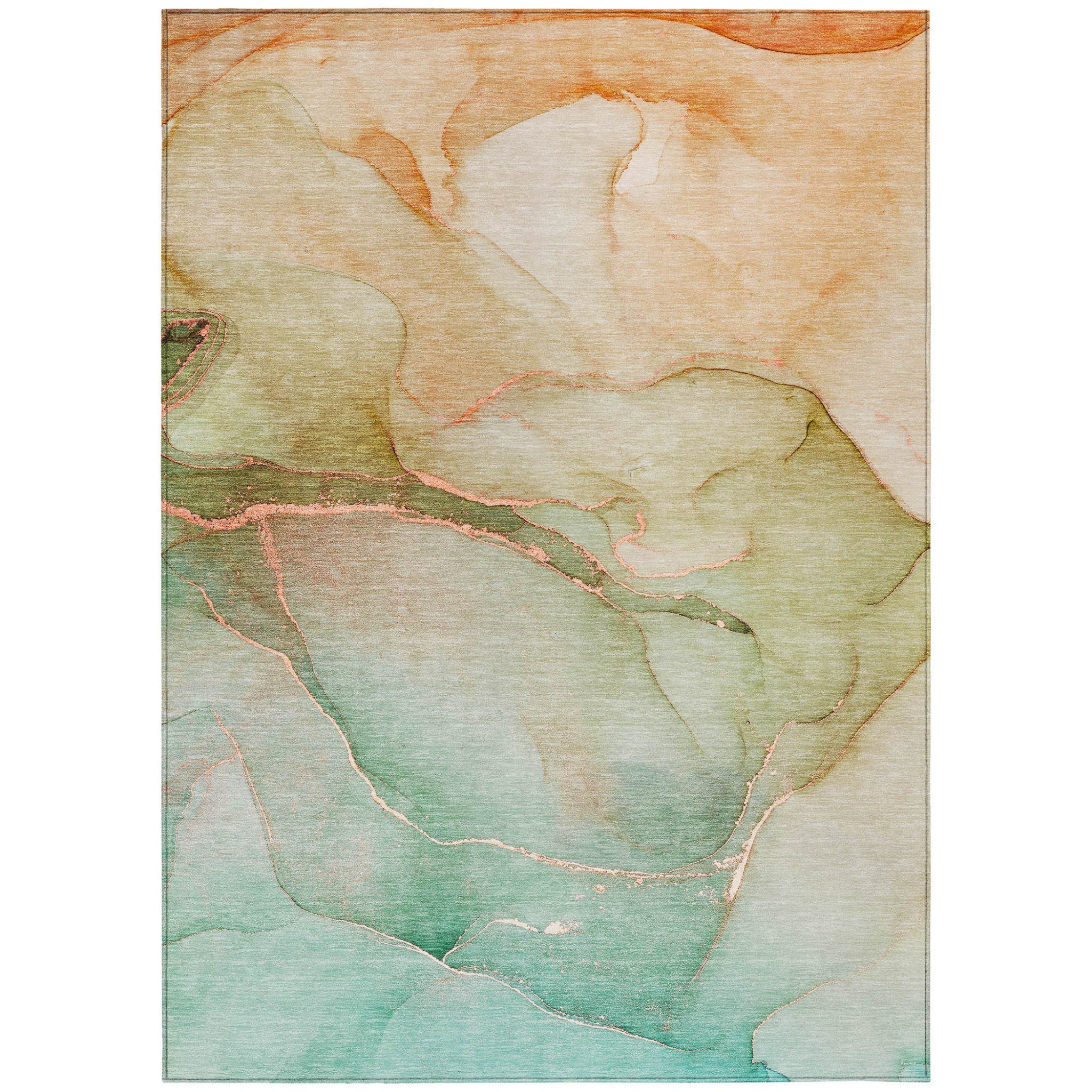 5 X 8 Green and Pink Abstract Washable Non Skid Indoor Outdoor Area Rug