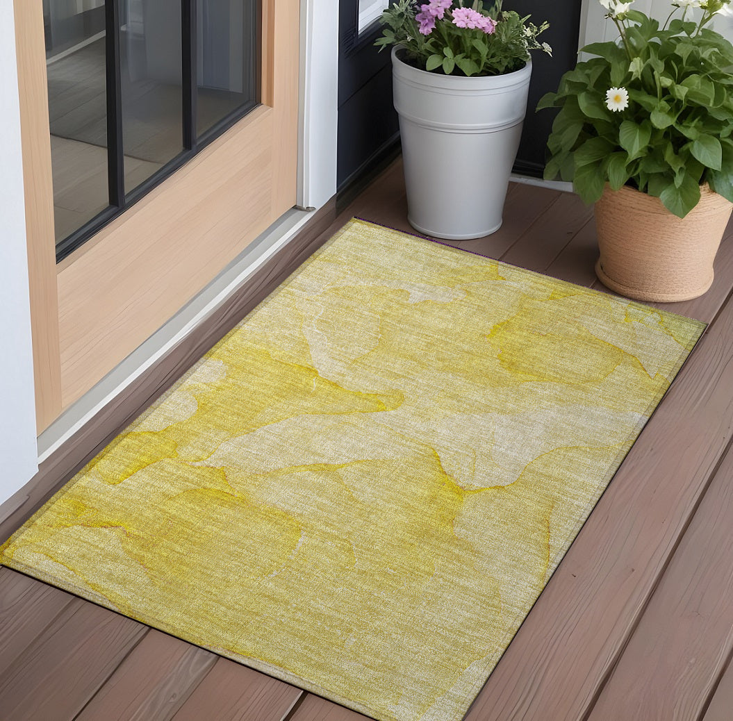 3 X 5 Gold Abstract Washable Non Skid Indoor Outdoor Area Rug