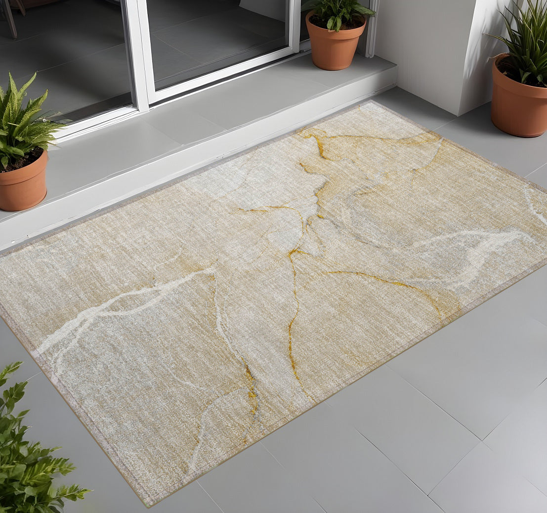 3 X 5 Beige Abstract Washable Indoor Outdoor Area Rug