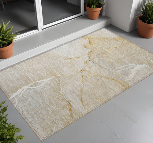 3 X 5 Beige Abstract Washable Indoor Outdoor Area Rug