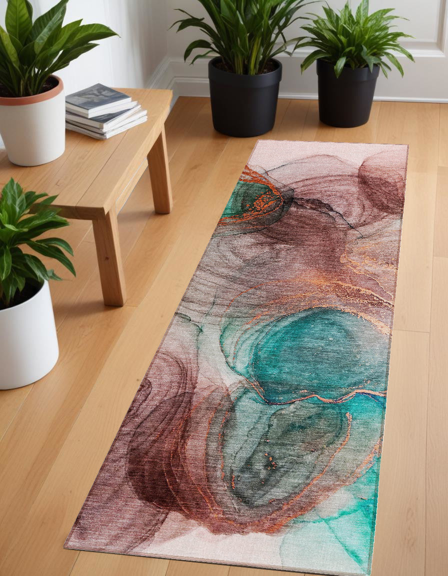 8 Runner Burgundy Abstract Washable Non Skid Indoor Outdoor Runner Rug