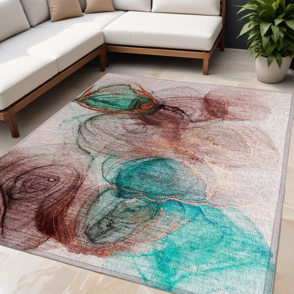 5 X 8 Burgundy Abstract Washable Non Skid Indoor Outdoor Area Rug