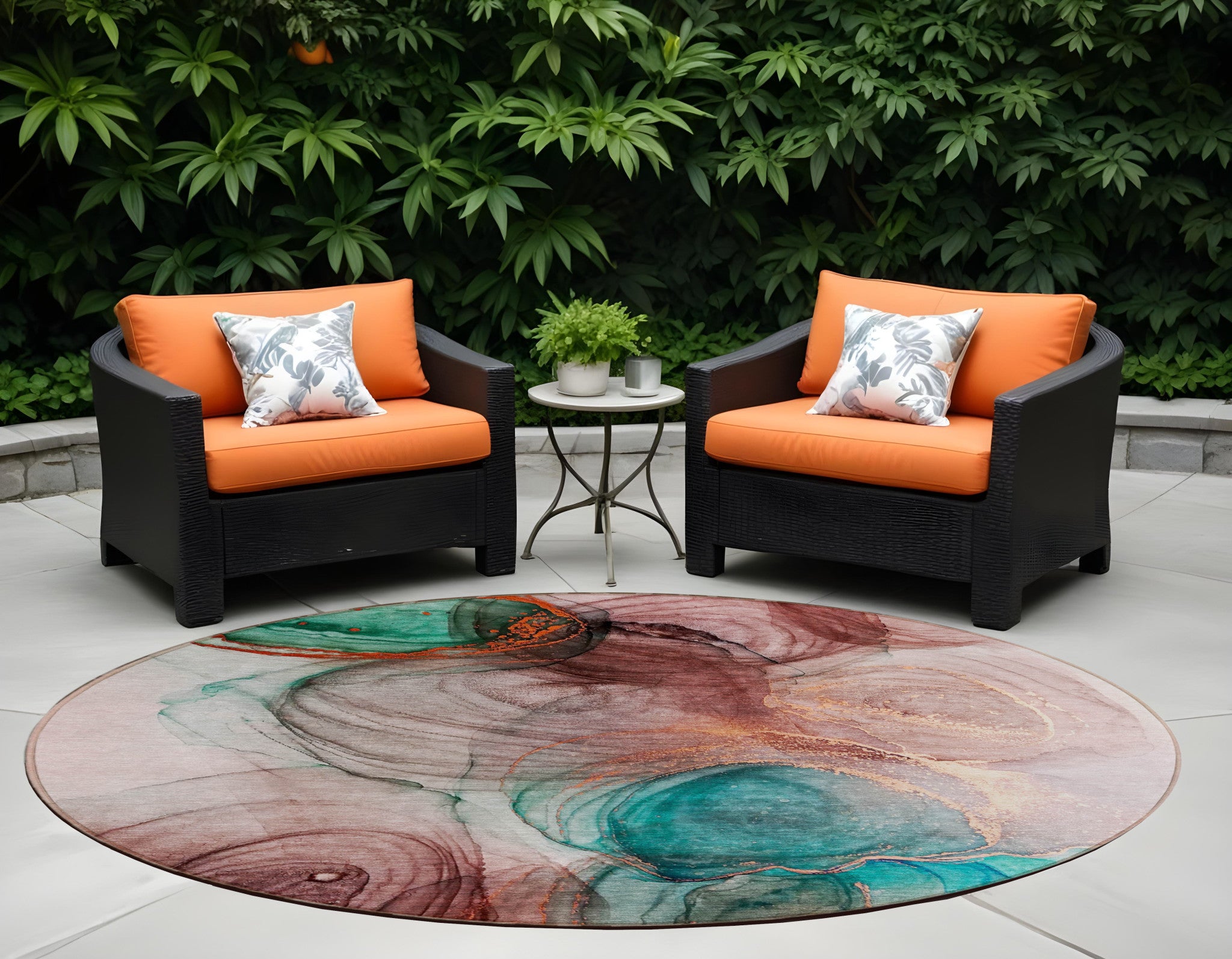 8 Round Burgundy Round Abstract Washable Non Skid Indoor Outdoor Area Rug