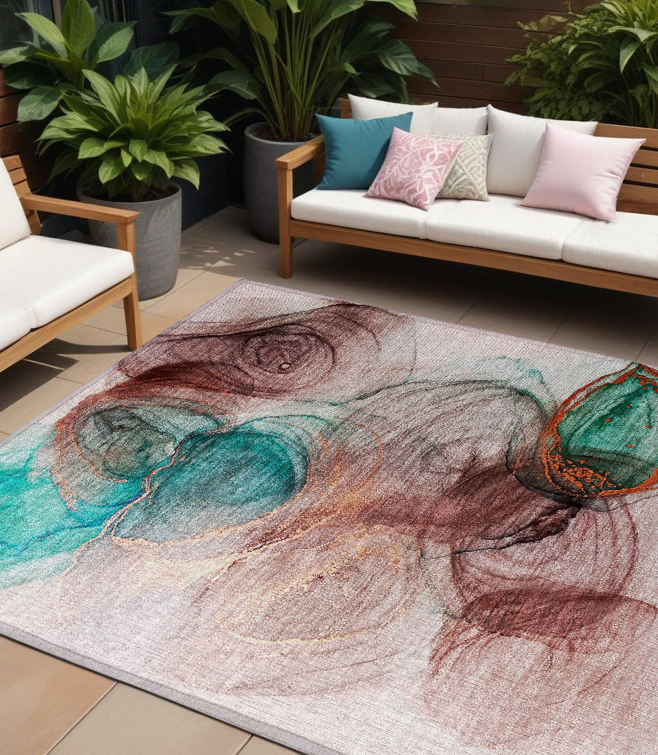 8 X 10 Burgundy Abstract Washable Non Skid Indoor Outdoor Area Rug
