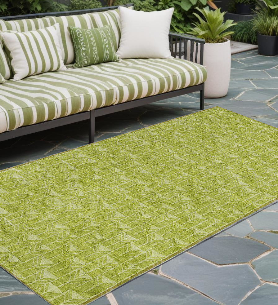 8 Runner Moss Green Geometric Washable Non Skid Indoor Outdoor Runner Rug