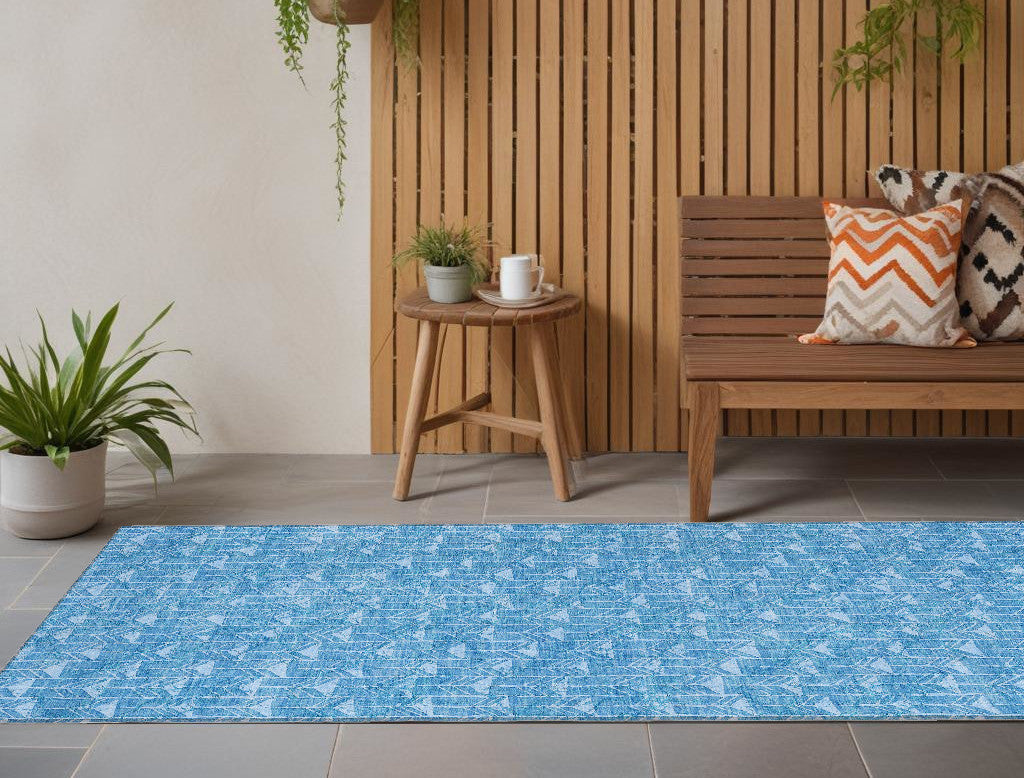 8 Runner Blue Geometric Washable Non Skid Indoor Outdoor Runner Rug