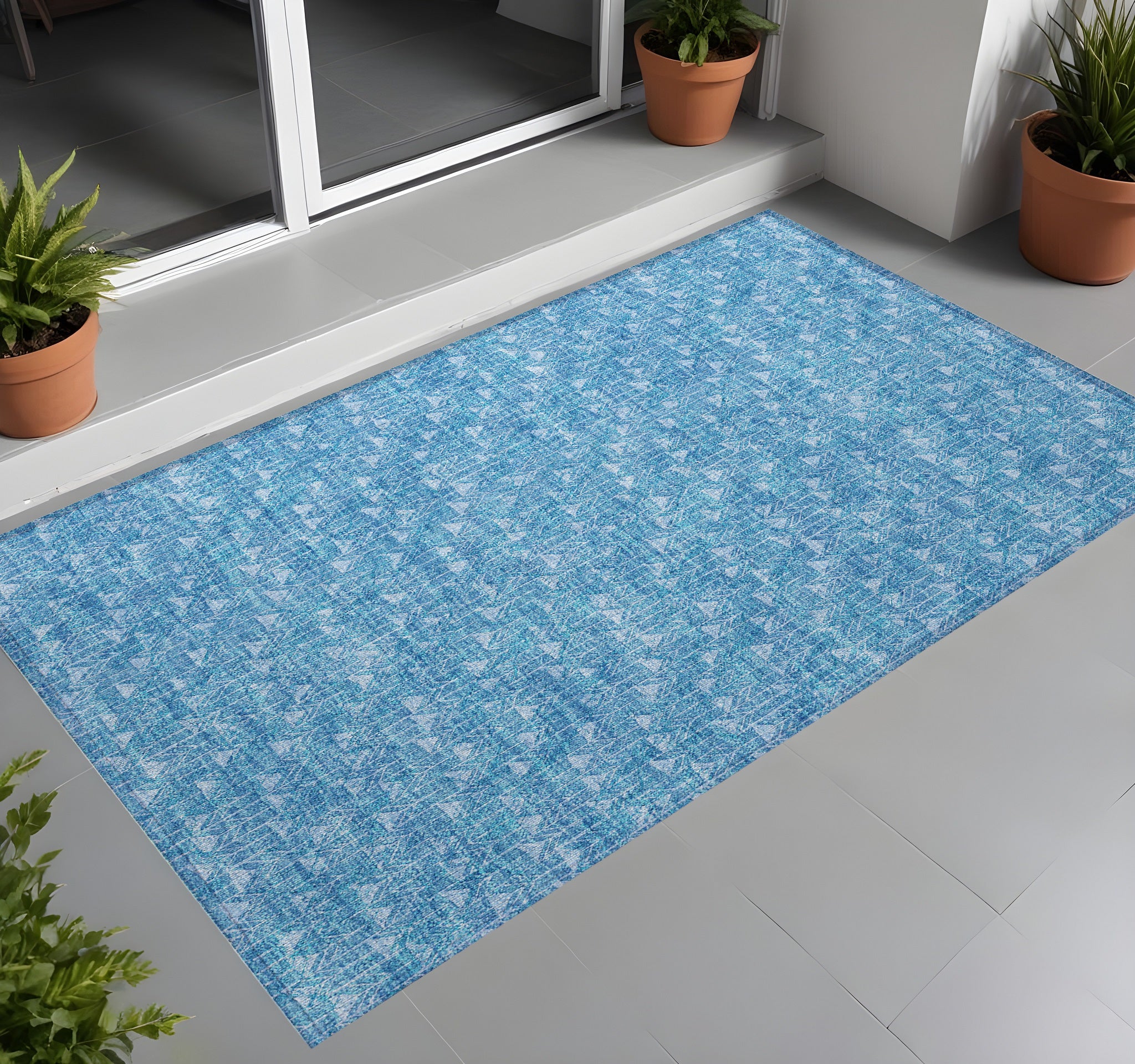 3 X 5 Blue Geometric Washable Non Skid Indoor Outdoor Area Rug