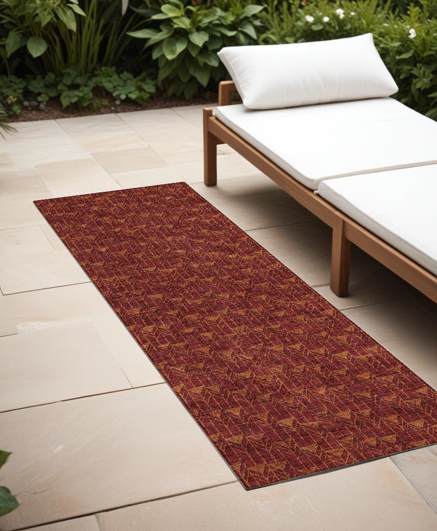 8 Runner Burgundy Geometric Washable Non Skid Indoor Outdoor Runner Rug