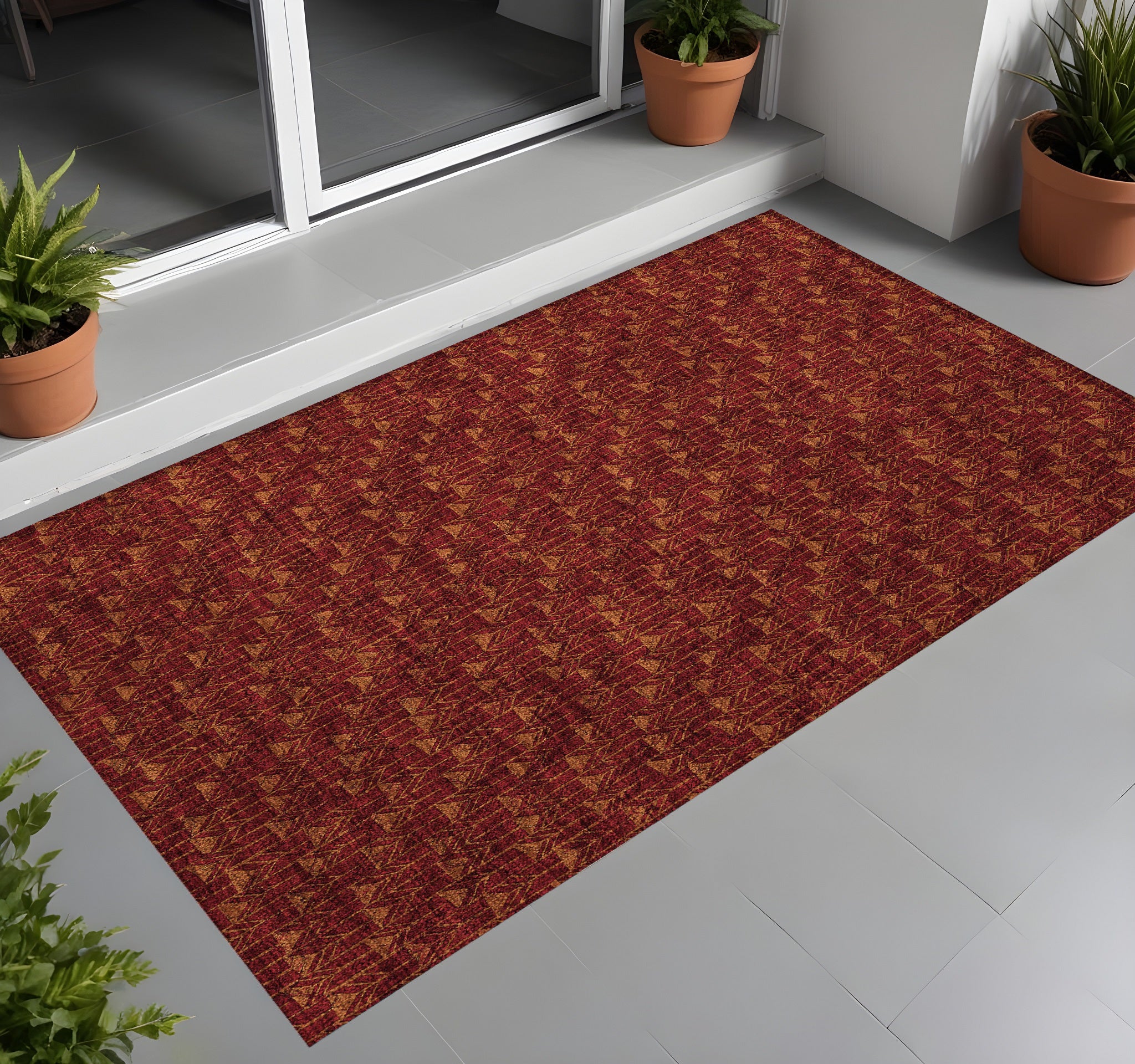 3 X 5 Burgundy Geometric Washable Non Skid Indoor Outdoor Area Rug