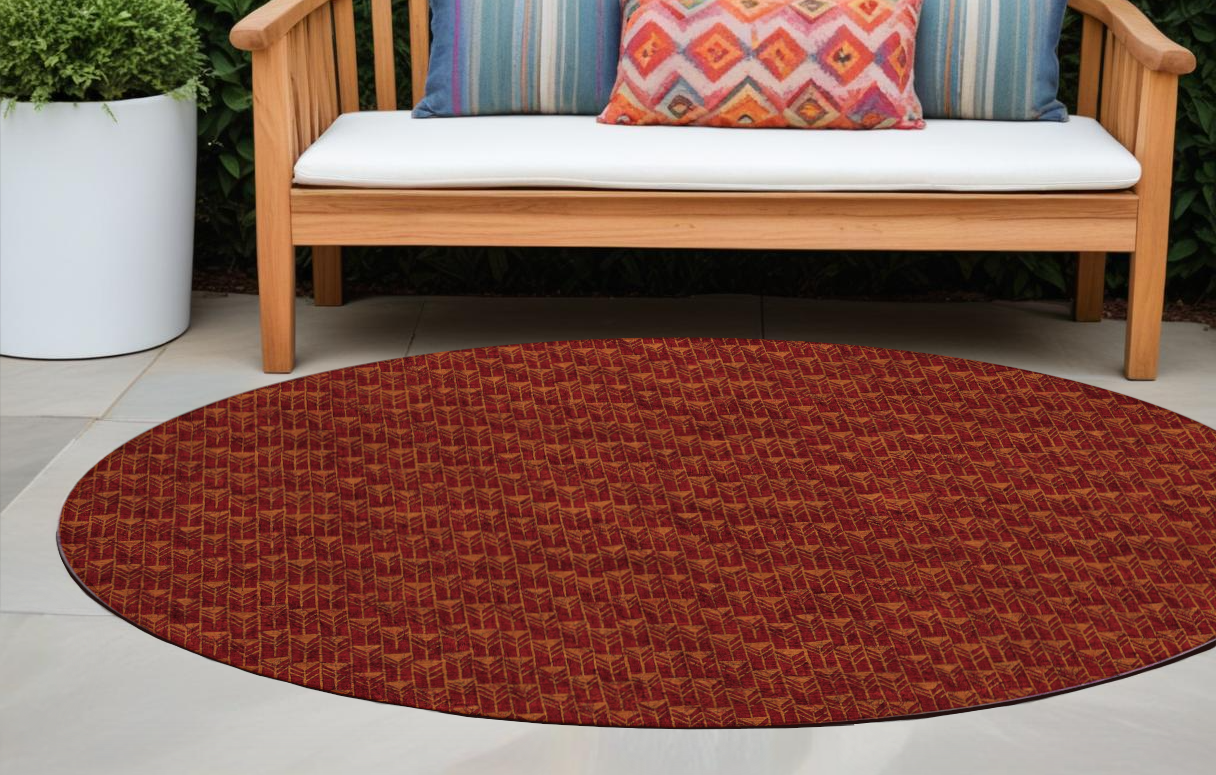 8 Round Burgundy Round Geometric Washable Non Skid Indoor Outdoor Area Rug