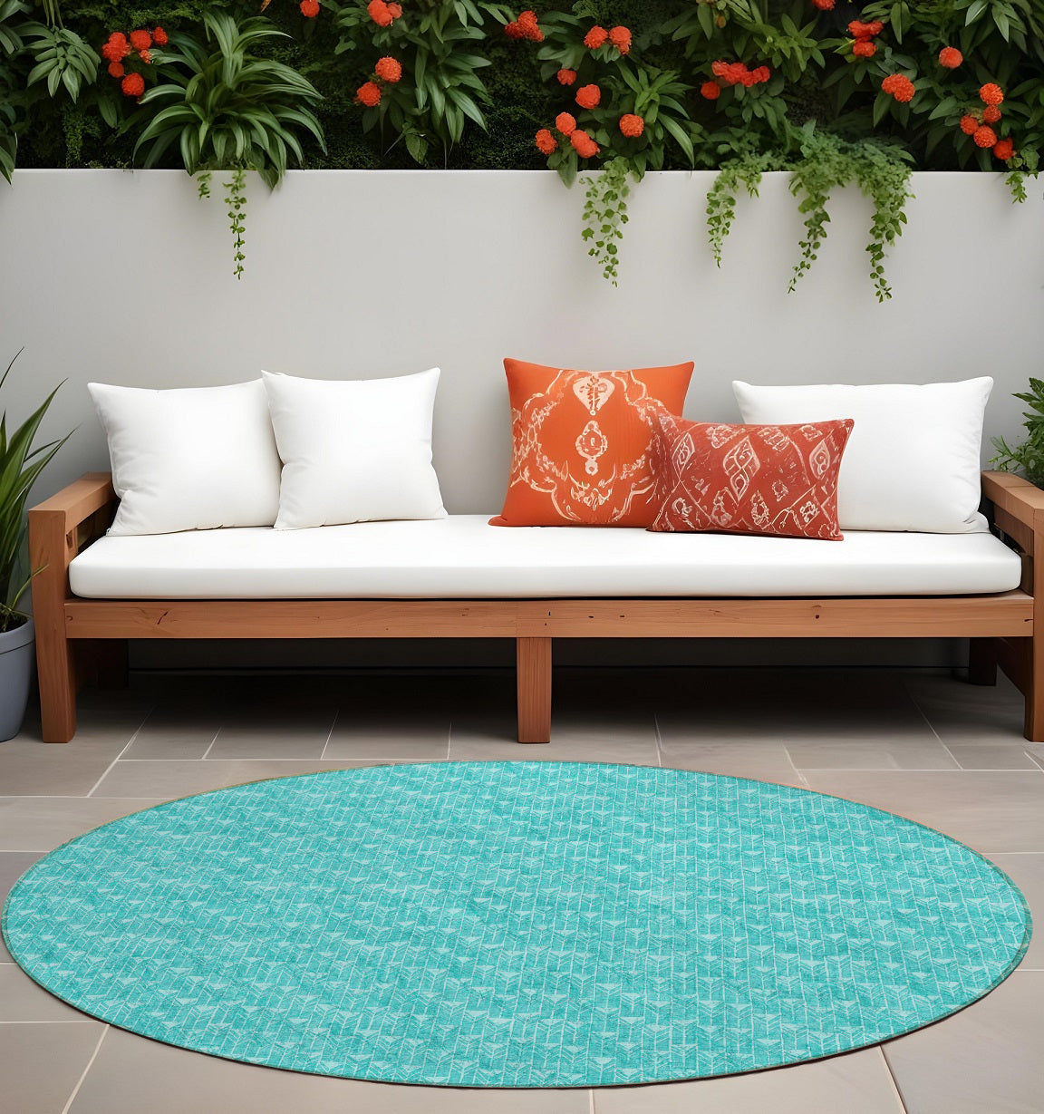 8 Round Turquoise Round Geometric Washable Non Skid Indoor Outdoor Area Rug