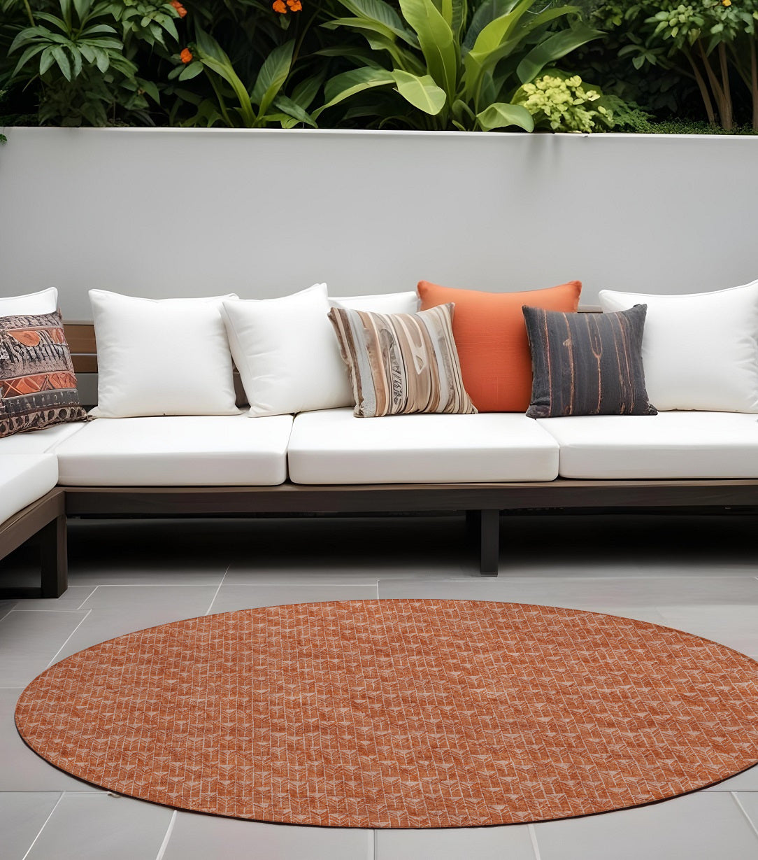8 Round Terra Cotta Round Geometric Washable Non Skid Indoor Outdoor Area Rug