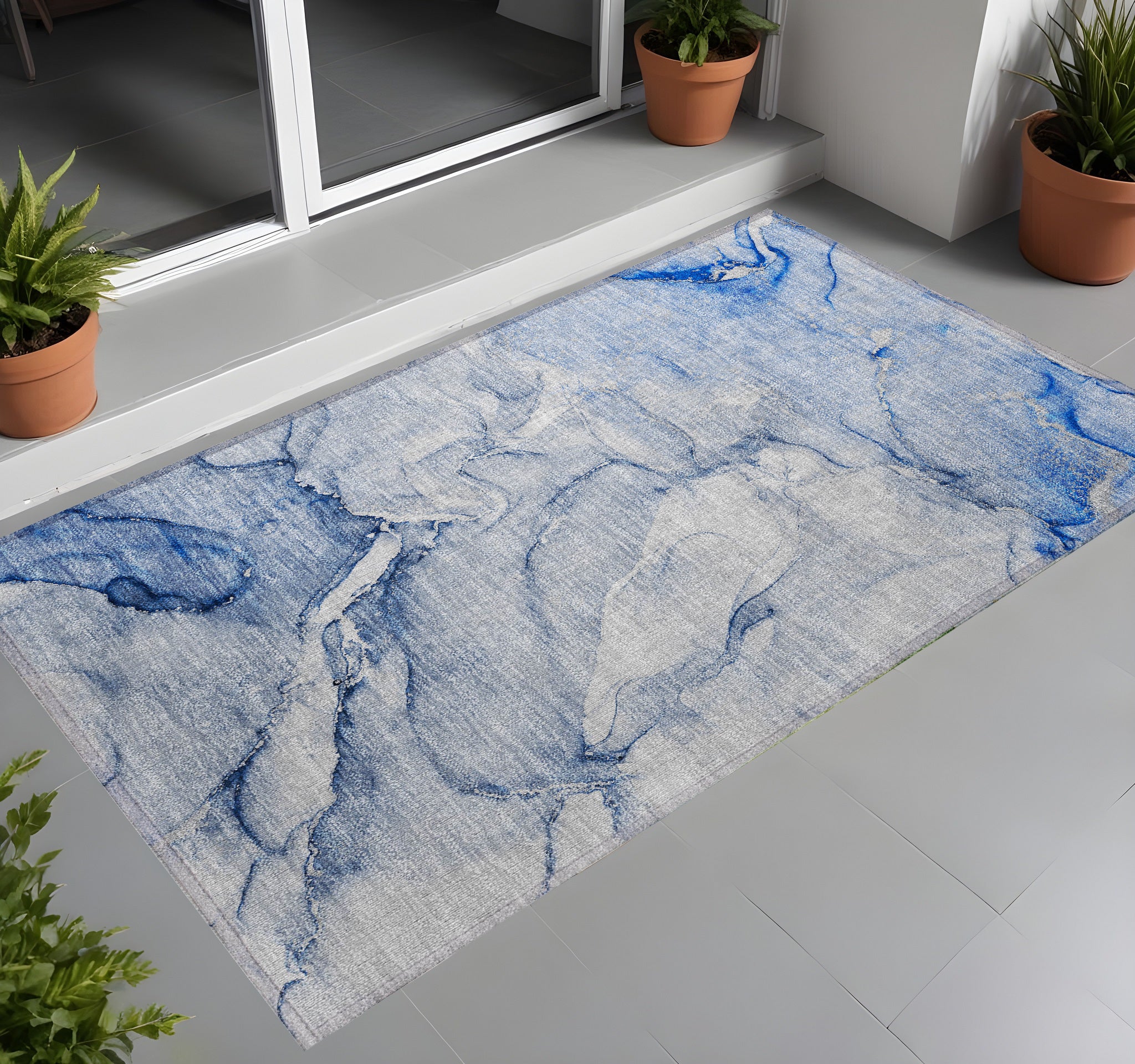 3 X 5 Navy Blue Abstract Washable Non Skid Indoor Outdoor Area Rug