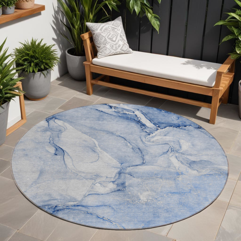 8 Round Navy Blue Round Abstract Washable Non Skid Indoor Outdoor Area Rug