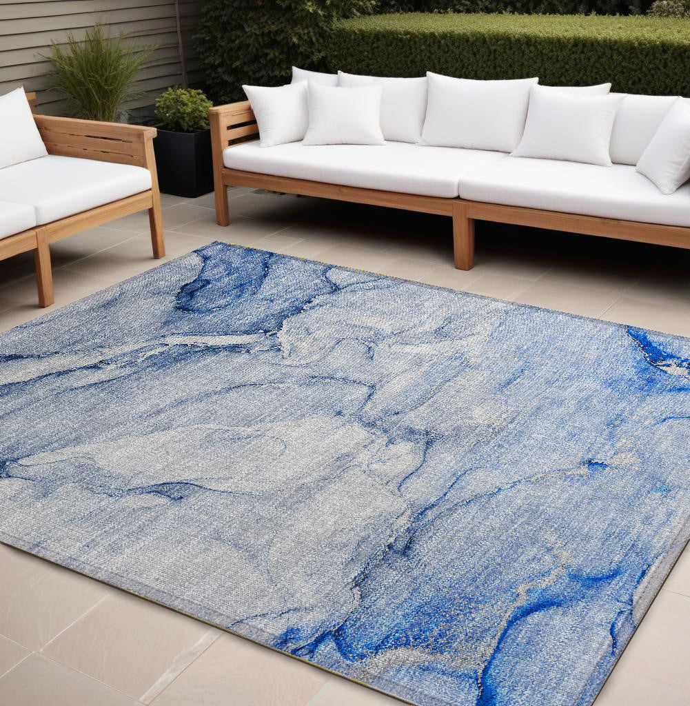 9 X 12 Navy Blue Abstract Washable Non Skid Indoor Outdoor Area Rug