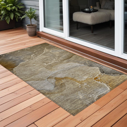 2 X 3 Brown Beige and Gold Abstract Washable Indoor Outdoor Area Rug
