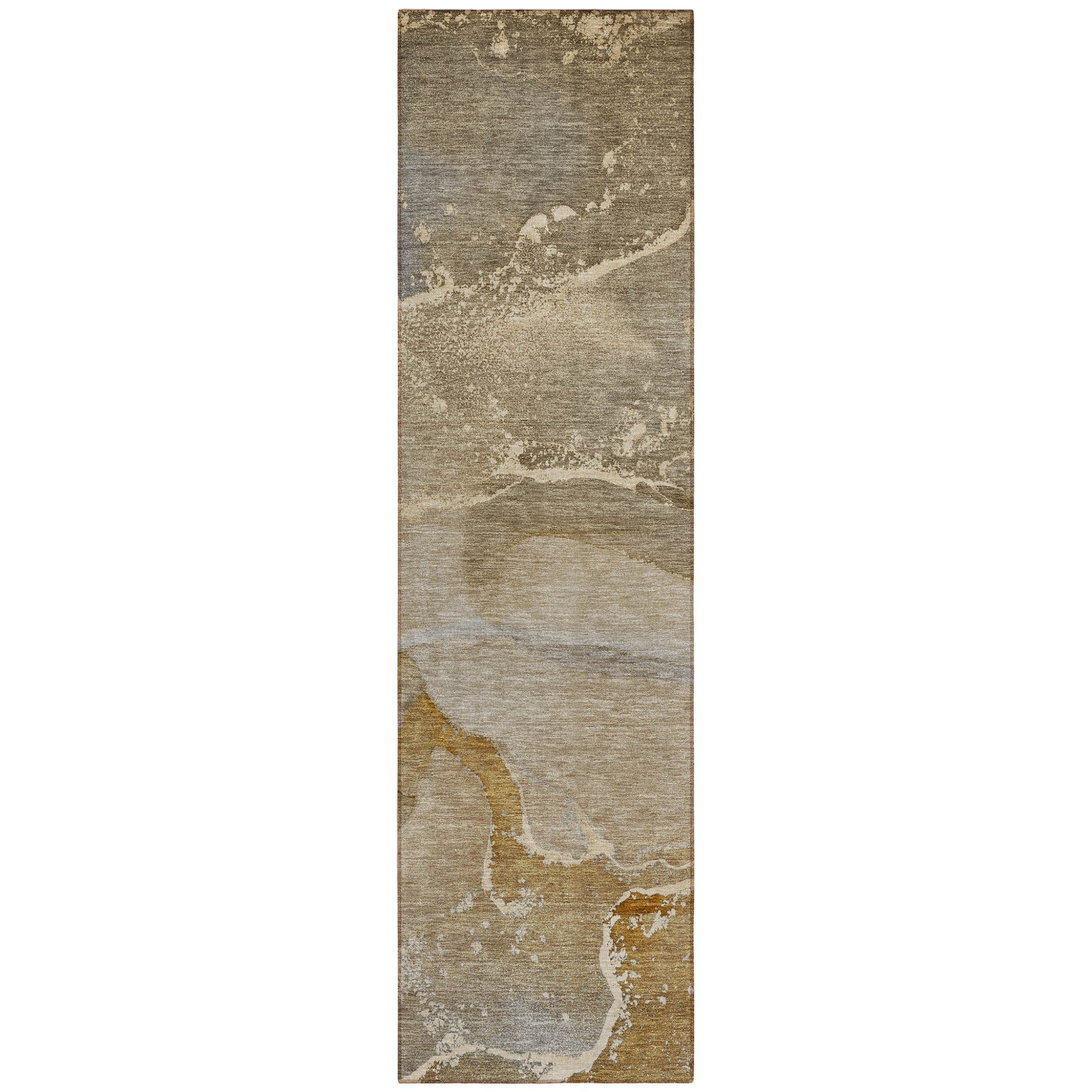 2 X 8 Brown Beige and Gold Abstract Washable Indoor Outdoor Runner Rug