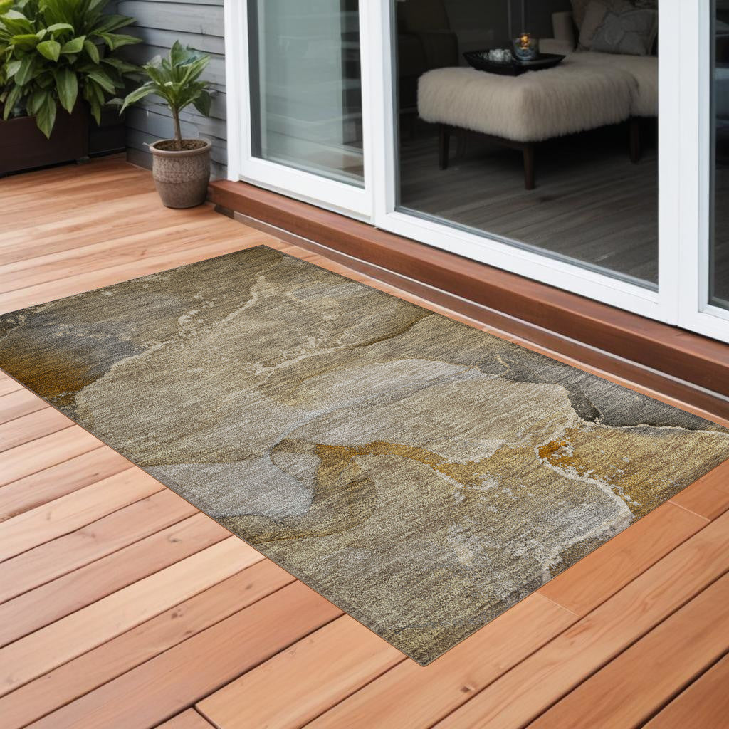 3 X 5 Brown Beige and Gold Abstract Washable Indoor Outdoor Area Rug