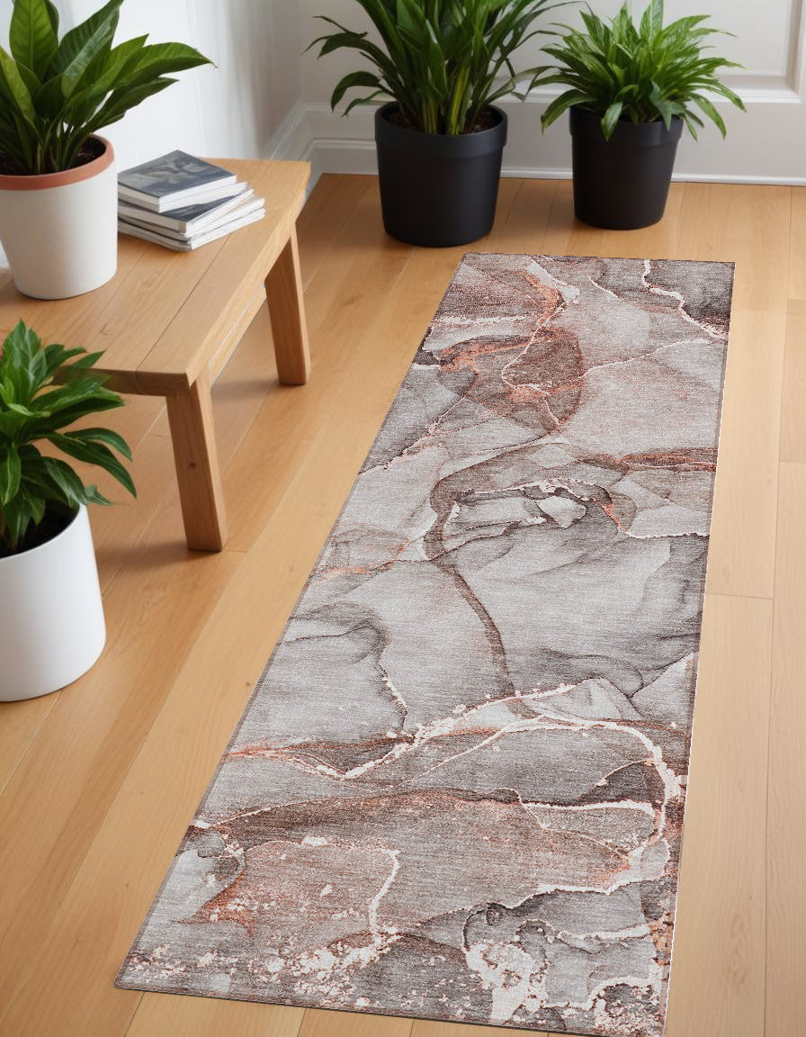 8 Runner Gray and Red Abstract Washable Non Skid Indoor Outdoor Runner Rug