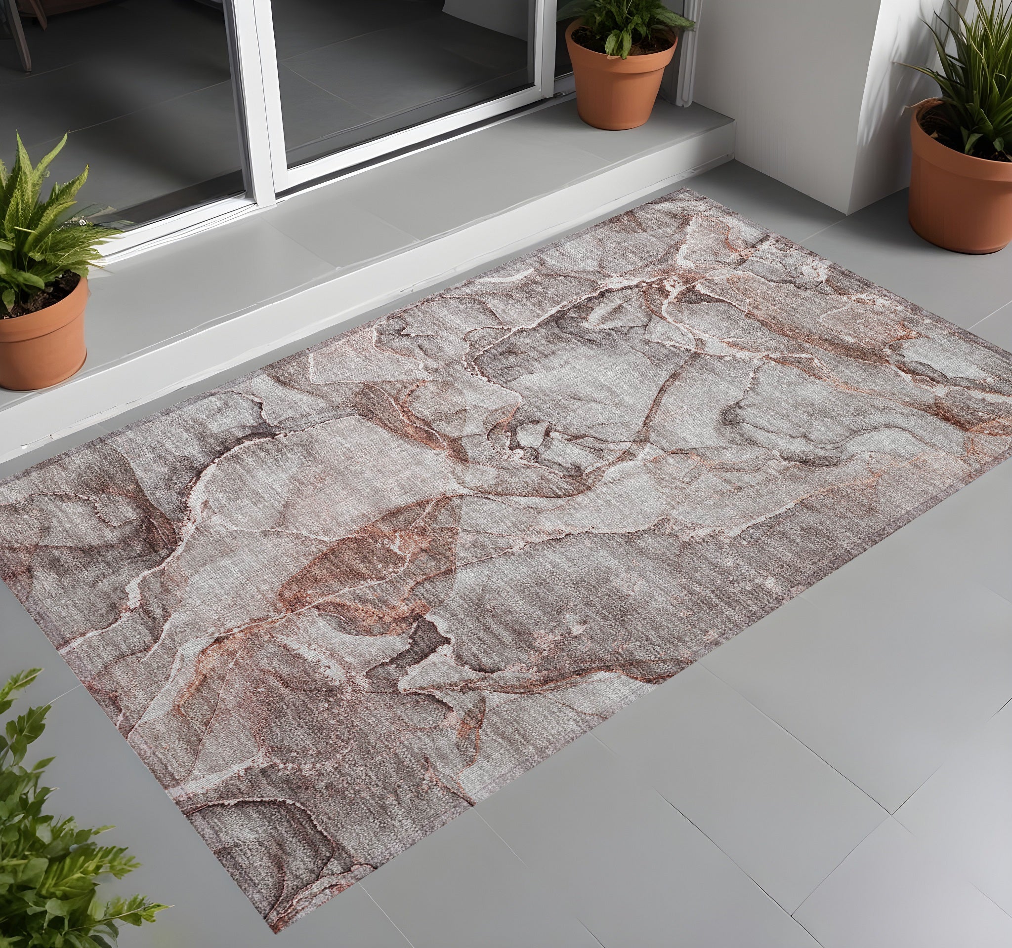 3 X 5 Gray and Red Abstract Washable Non Skid Indoor Outdoor Area Rug