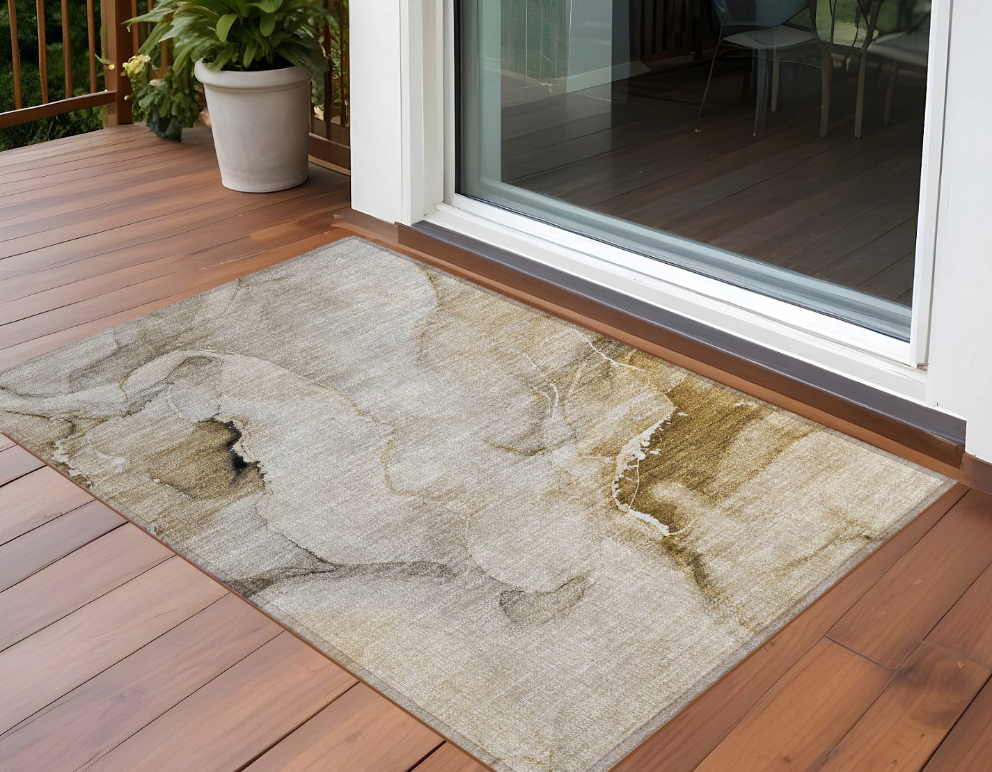 3 X 5 Beige and Brown Abstract Washable Indoor Outdoor Area Rug