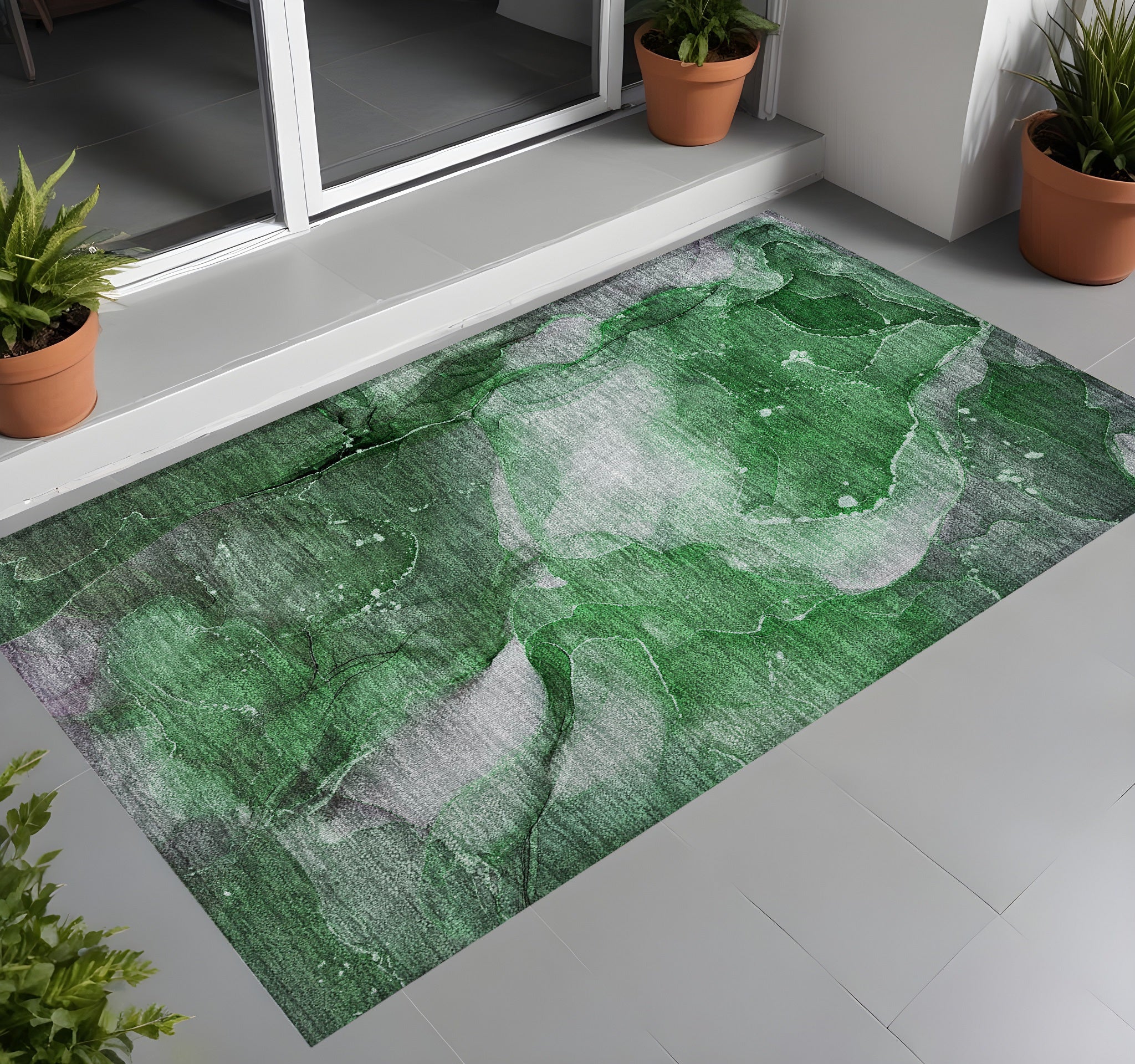 3 X 5 Emerald Abstract Washable Non Skid Indoor Outdoor Area Rug
