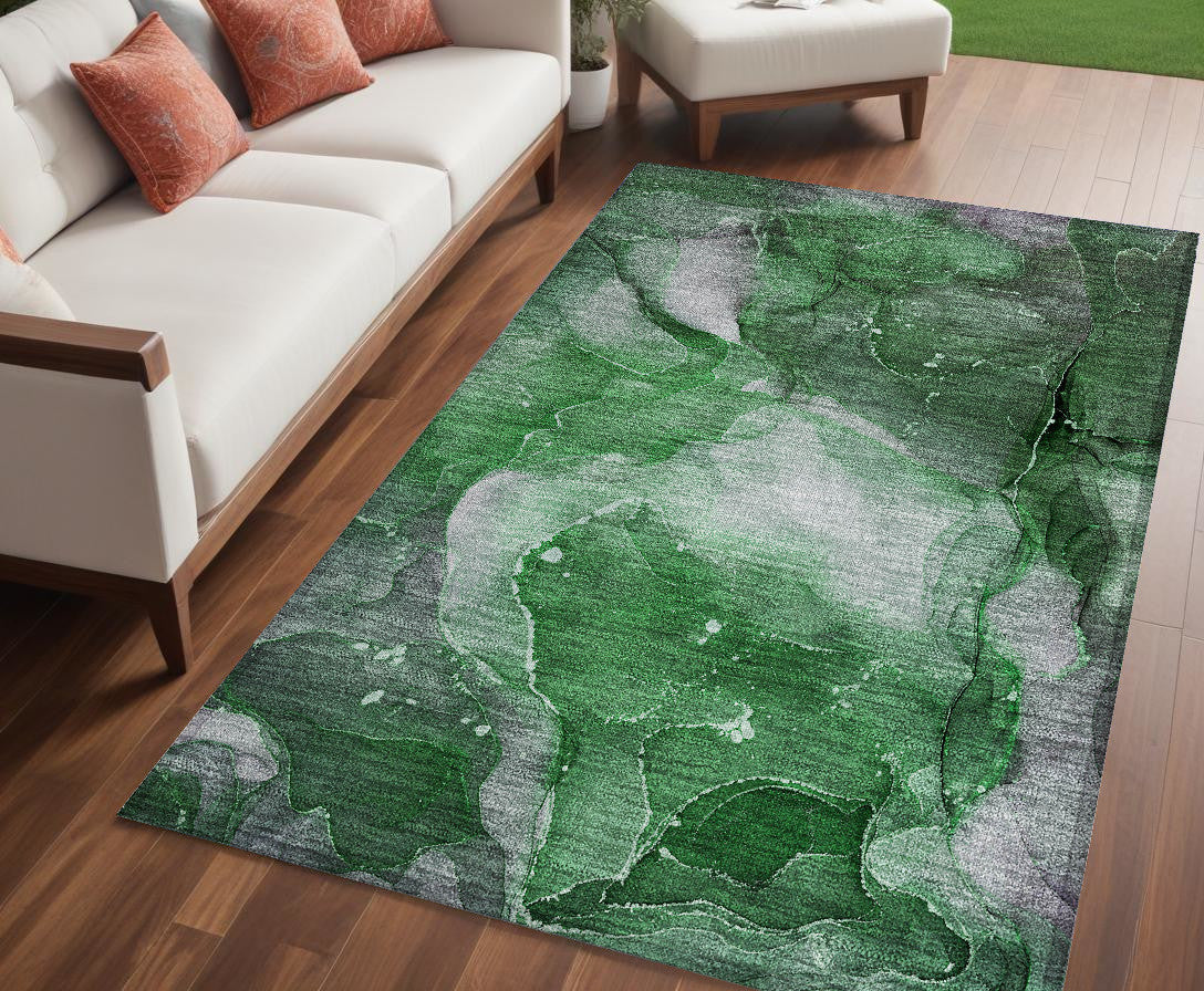 5 X 8 Emerald Abstract Washable Non Skid Indoor Outdoor Area Rug