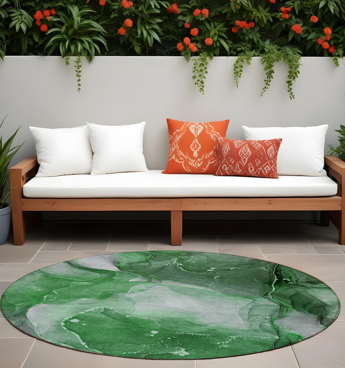 8 Round Emerald Round Abstract Washable Non Skid Indoor Outdoor Area Rug