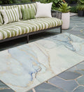 8 Runner Beige and Blue Abstract Washable Non Skid Indoor Outdoor Runner Rug