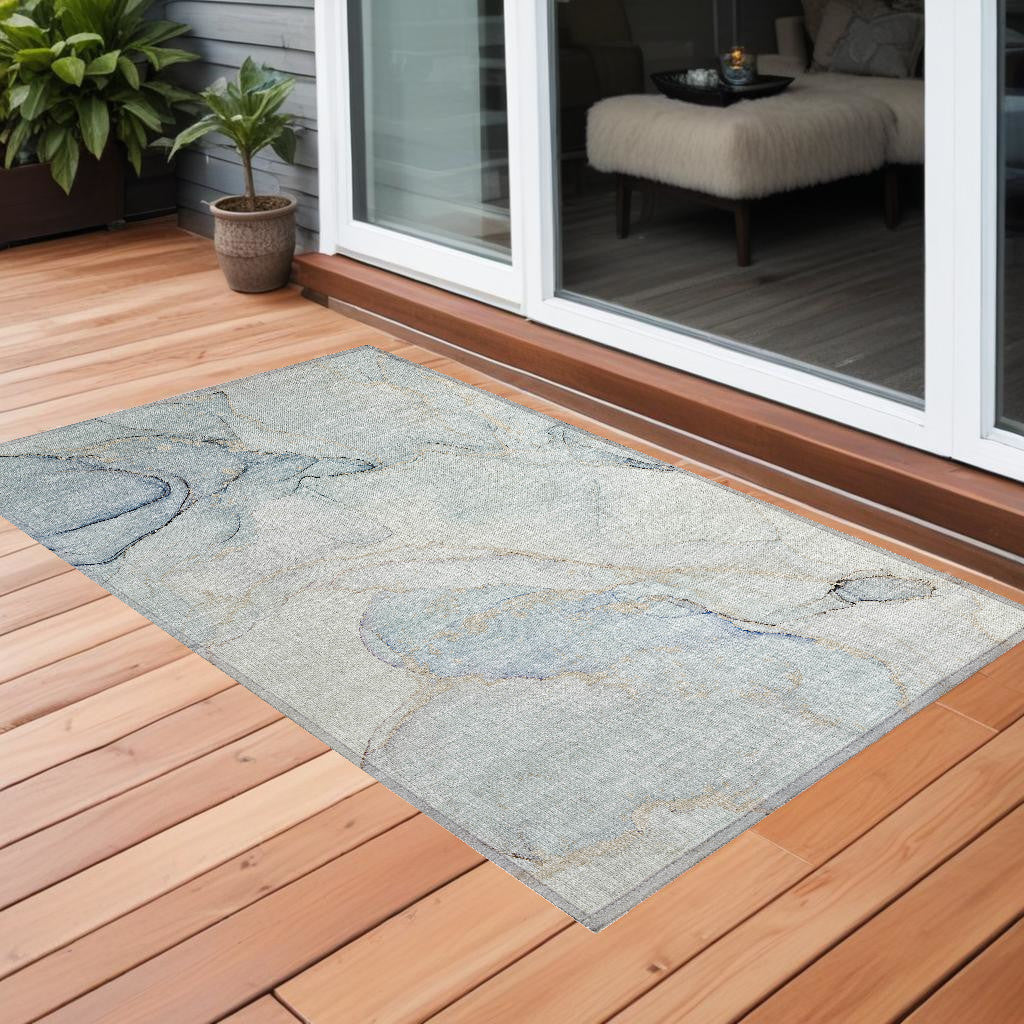 3 X 5 Beige and Blue Abstract Washable Non Skid Indoor Outdoor Area Rug