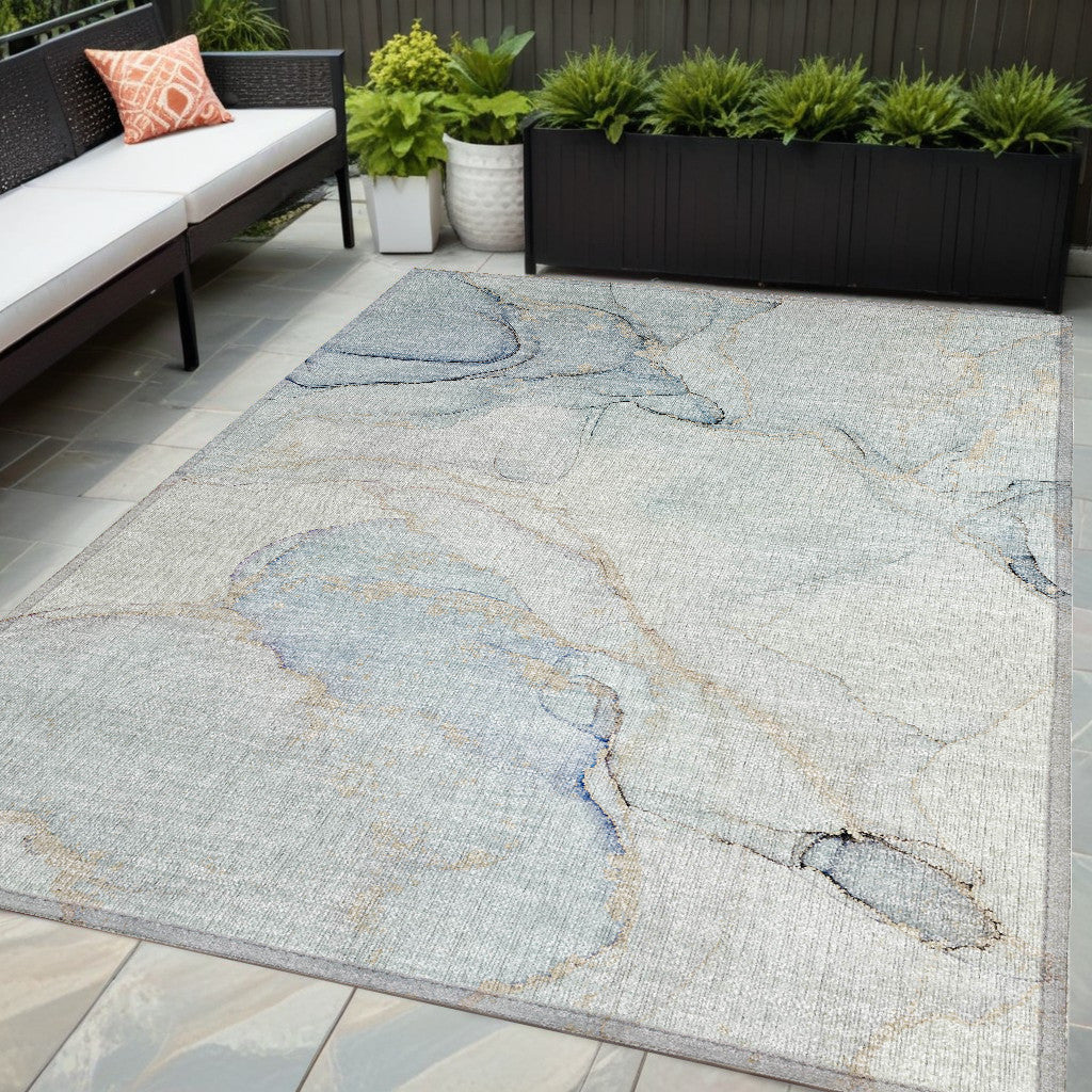 5 X 8 Beige and Blue Abstract Washable Non Skid Indoor Outdoor Area Rug