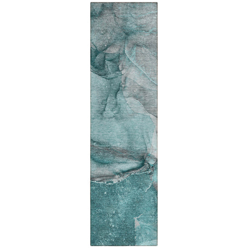 2 X 8 Teal Abstract Washable Indoor Outdoor Runner Rug