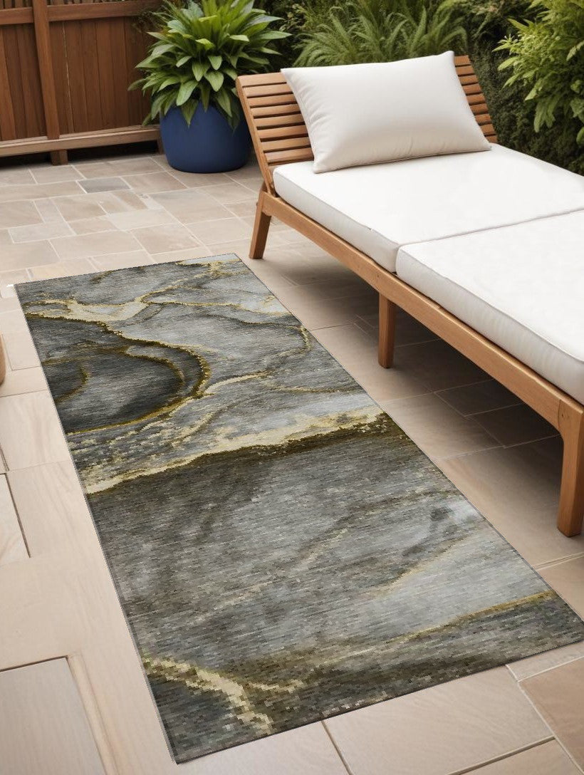 8 Runner Gray and Gold Abstract Washable Non Skid Indoor Outdoor Runner Rug