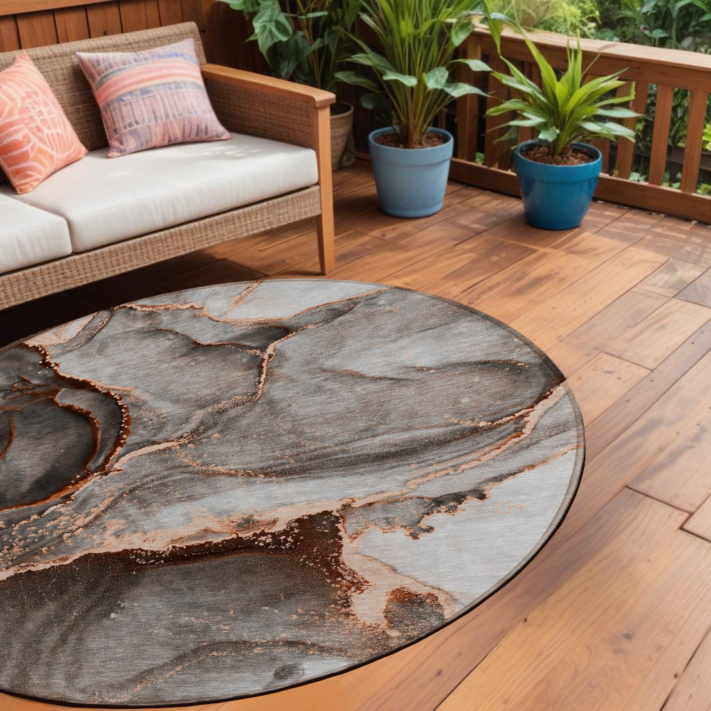 8 Round Peach Round Abstract Washable Non Skid Indoor Outdoor Area Rug