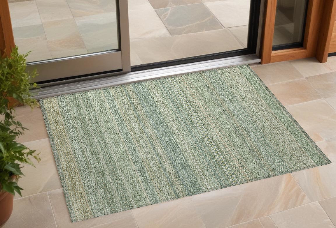 3 X 5 Artichoke Green Striped Washable Non Skid Indoor Outdoor Area Rug